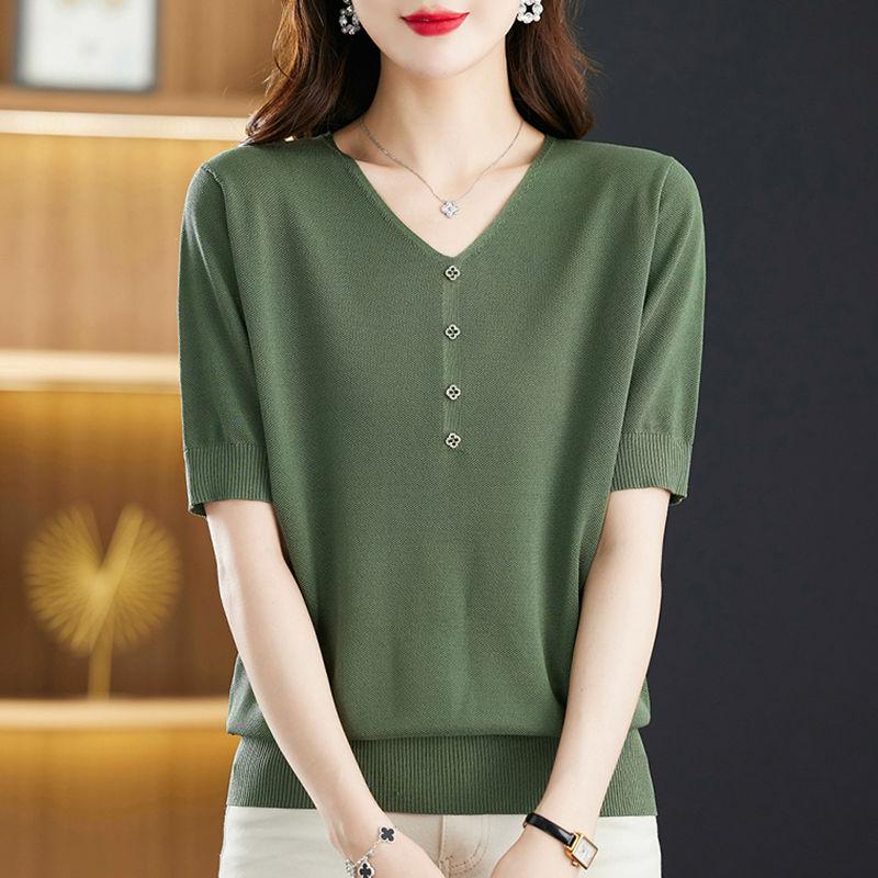 Летняя женская трикотажная футболка Ice Silk с короткими рукавами, летний новый свободный и стильный тонкий трикотажный топ с V-образным вырезом