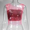 Leqoel Sexy Mesh Out Backless Tank Hollow Summer Rhinestones Tops New Fashion Party See Through Fishnet Crop  for Women