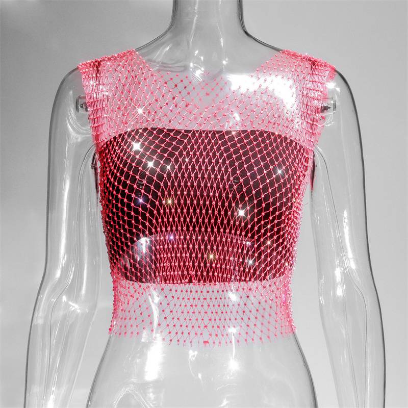Leqoel Sexy Mesh Out Backless Tank Hollow Summer Rhinestones Tops New Fashion Party See Through Fishnet Crop for Women