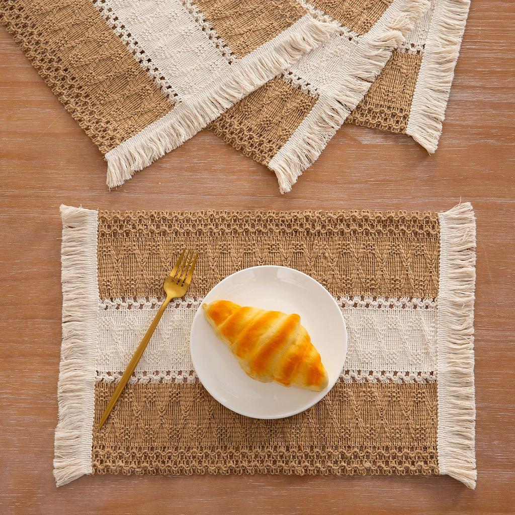 Хлопковые и льняные салфетки Тканевые салфетки с кисточками Двухцветные лоскутные тканые жаккардовые изолированные коврики для чаш Тканевые салфетки