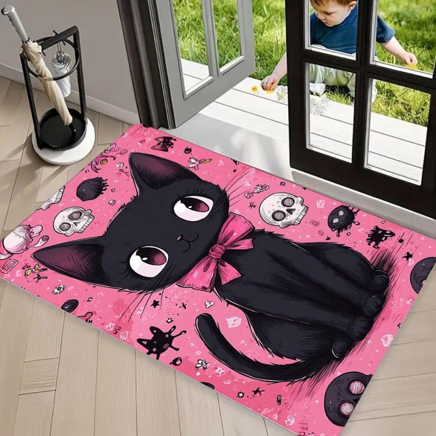 Cute Black Cat Skull DOORMAT Area Rug Pink Background with Gothic Bow Tie Stylish Non-Slip Floor Mat for Entryway