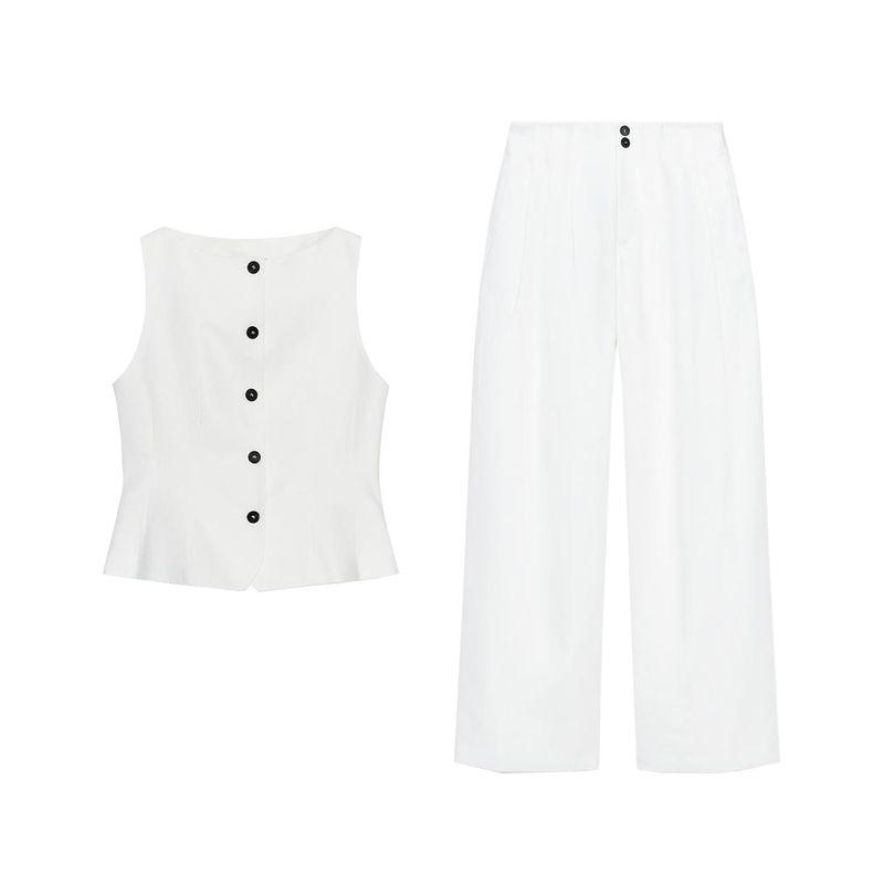 Linen Blended Cropped Short Skirt Hem Vest 3748330 Pleated Mid-Waist Wide Faded Pants 3218330