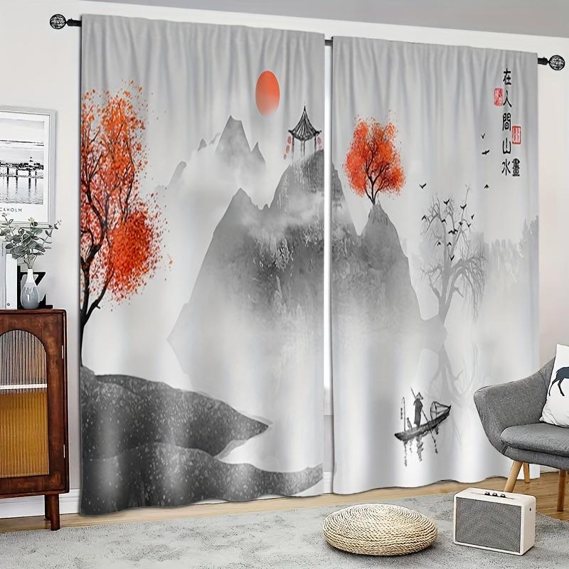 2 шт., занавеска с рисунком в виде китайской горной краски, крепление на кармашке, полиэстеровый материал для гостиной, спальни, кухни, бесплатная доставка