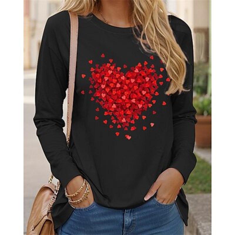 Жен. Футболка Футболка Сердце День святого Валентина Валентина Выходные Черный Лиловый Серый С принтом Длинный рукав Мода Круглый вырез Обычный крой Весна и осень