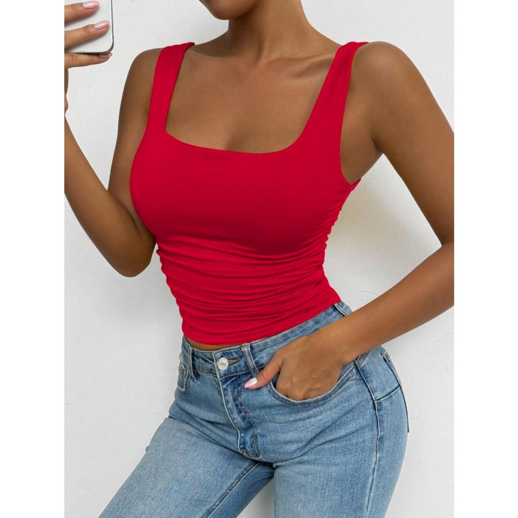 Women's Sleeveless Camisole Vest with Square Neckline, Casual Basic Style, Exposed Navel Top