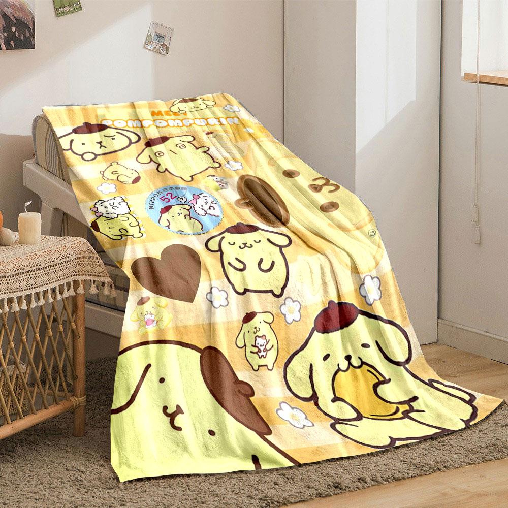 Yellow cartoon dog with brown beret surrounded by hearts and flowers. for all seasons blanket lunch break throw gift