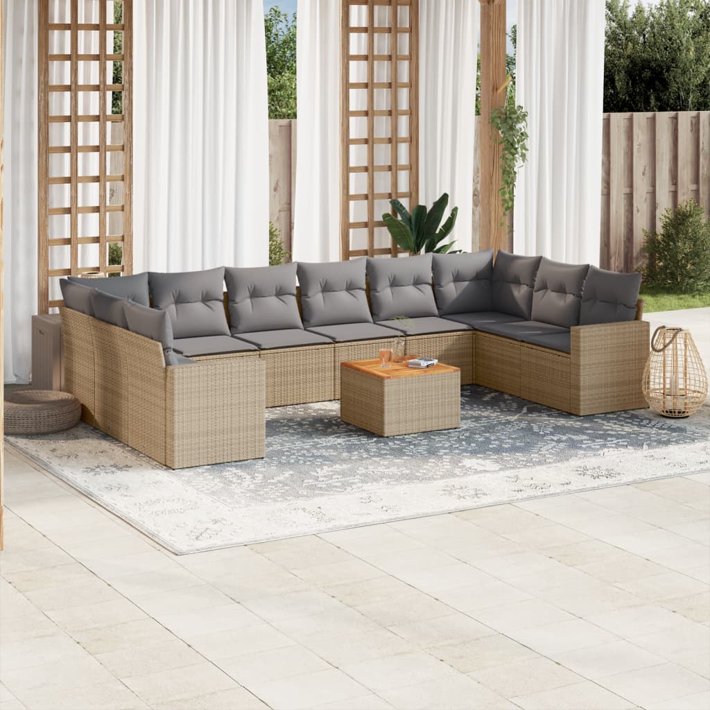 11 piece Garden Sofa Set with Cushions Beige Poly Rattan