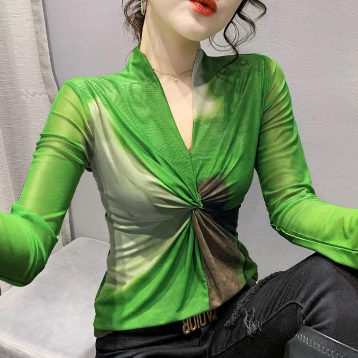 Women's Sexy V-neck T-shirt Long-sleeved Spring Fashion Tie-dyed Mesh Top Breathable Slim Bottom Shirt