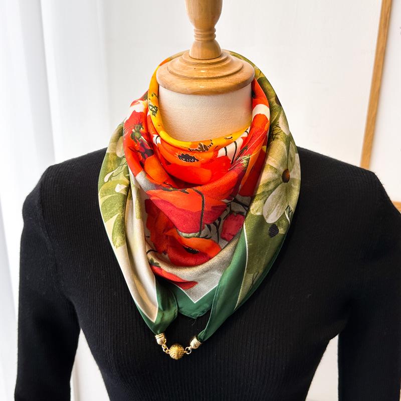 Magnetic Buckle Silk Neck Scarf: Triangle Design for Women, 70x70cm, Lightweight Spring/Summer/Autumn Accessory