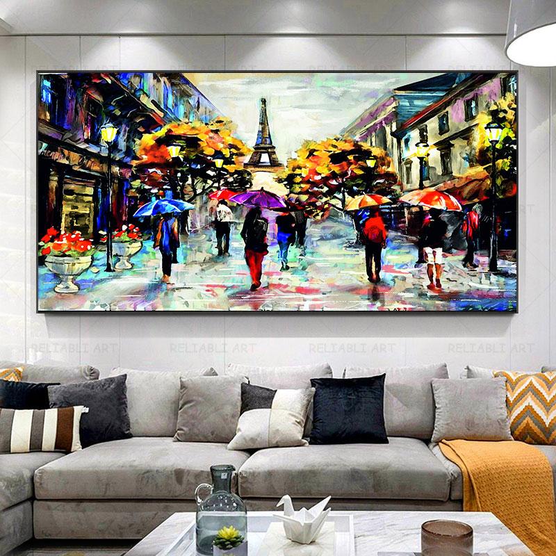 Большой размер Ретро картина маслом напечатанные холсты Плакаты с видом на улицу Парижа Пейзаж Пары Настенные картины для декора гостиной