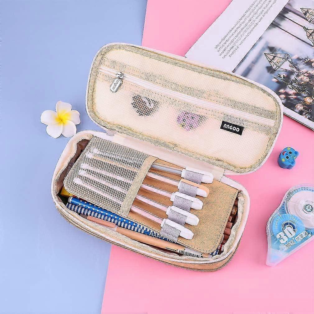 1pcs Large Capacity Pencil Case Scalable Canvas Pocket Pencil Case Solid Color Girls Boys (Khaki)