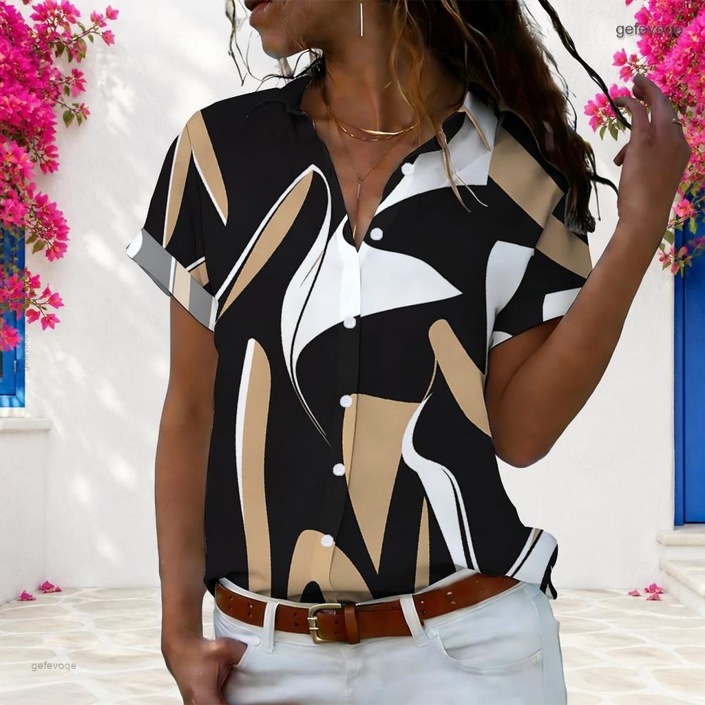 Women Plus Size Short Sleeve Shirt Abstract Geometric Print Button Down Casual Blouse Loose Fit Tops For Summer Daily Office Wear