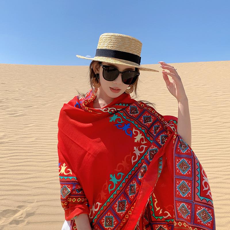 Summer cotton and linen feel scarf travel silk scarf sun protection air conditioner large shawl women's beach towel ethnic style scarf