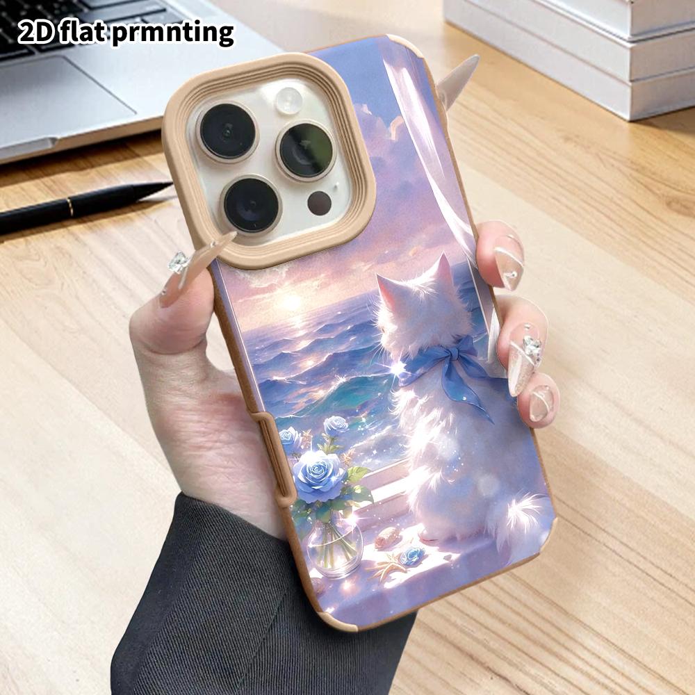 Phone Case: 2D flat lambskin suitable for iPhone 18, 17, 16, 15, 14, 13 Pro protective case, white long-haired cat, Christmas and Halloween gift