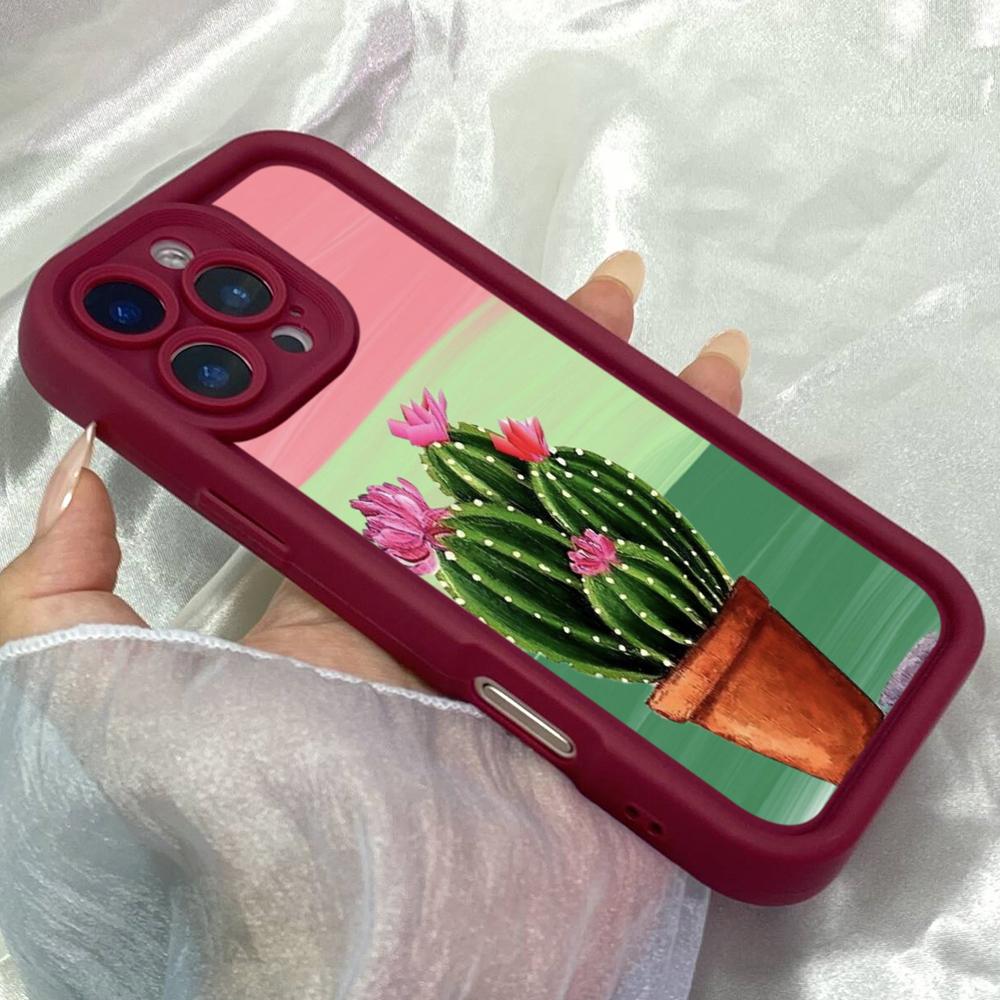 JT108 Картина с кактусом и розовыми цветами для iPhone 17 16 15 Pro Max Samsung S26 S25 S24 Ultra A17 A16 A07 A56 Xiaomi 15T Redmi 15c 14C Мягкий чехол из ТПУ