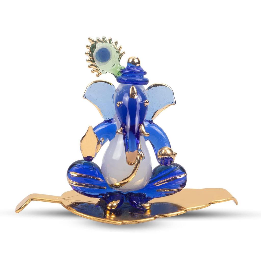 Ganesh Sitting with Leaf Statue (Murti) Idol Showpiece Handmade of Crystal Glass for Worship, Decoration, Car Dashboard, Gift