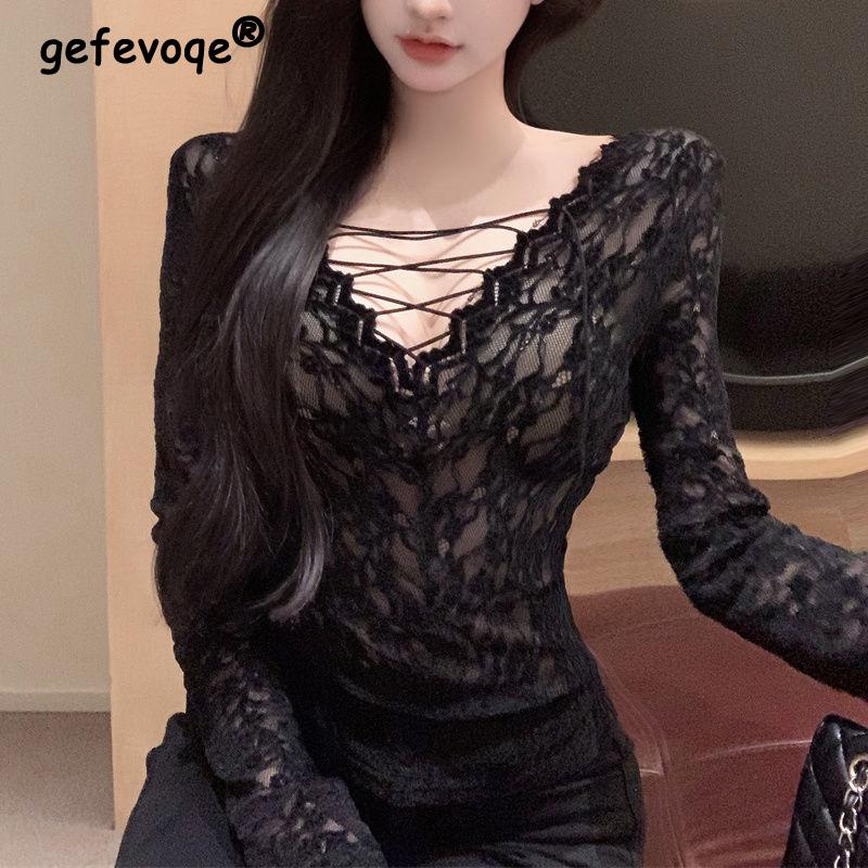 Women Clothing Sexy Hollow Lace Bandage Deep V Neck Basic T Shirt Korean Female Sweet Black Long Sleeve Skinny Club Cropped Tops