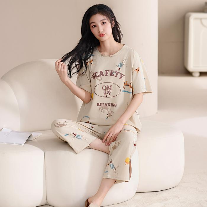 2025 Spring Summer Cotton Pajamas Set for Women Cute Cartoon Print Short Sleeve Tops and Pants Sleepwear Female Casual Loose Pink Pyjamas Homewear