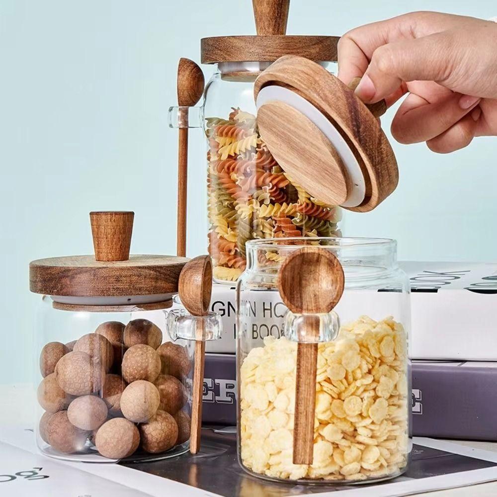 With Wooden Lid Coffee Bean Storage Jar With Wood Spoon Clear Spice Storage Tank Seasoning