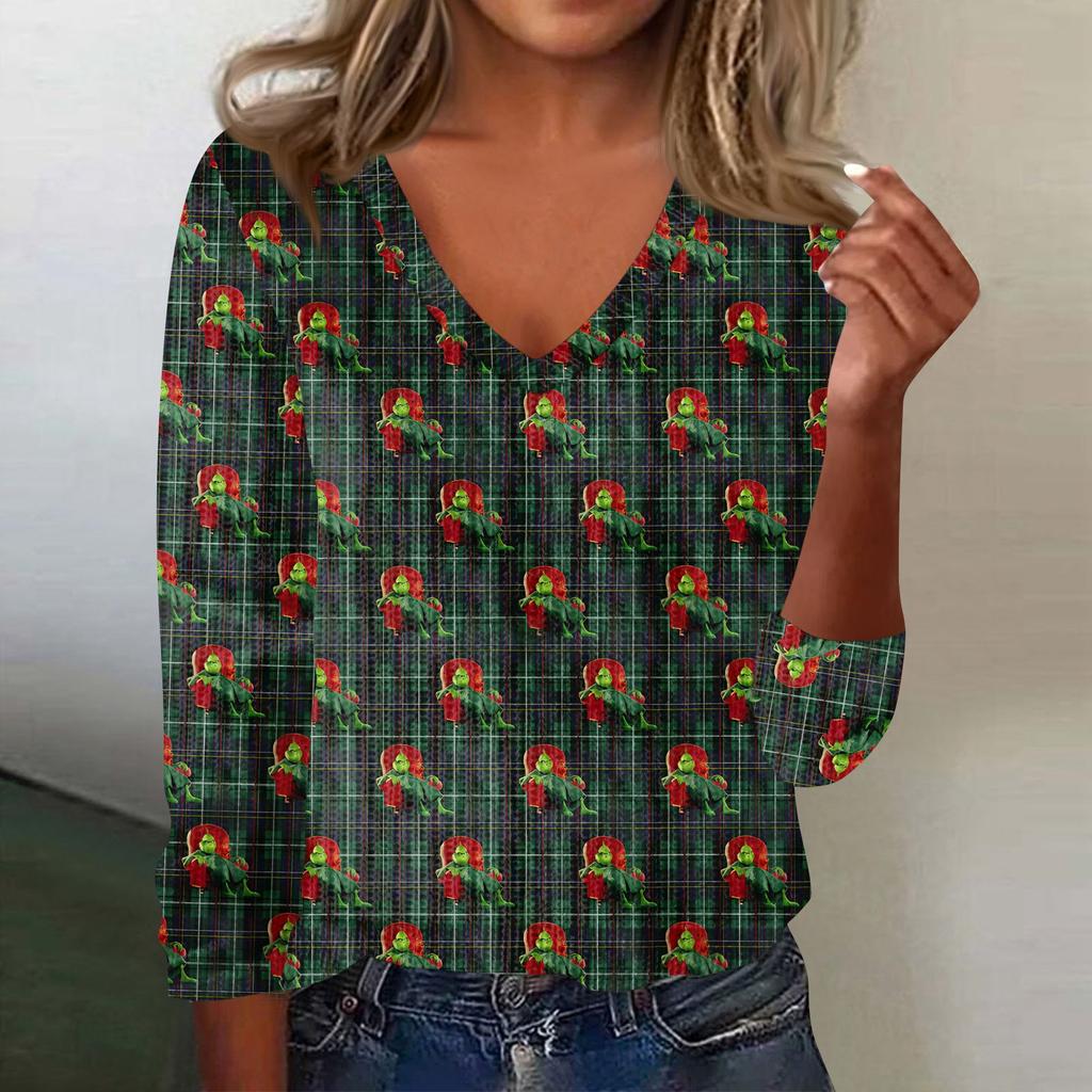 Women's Cute Sweatshirt Knitted Fashion Casual V-neck Long-sleeved Cozy Print Top