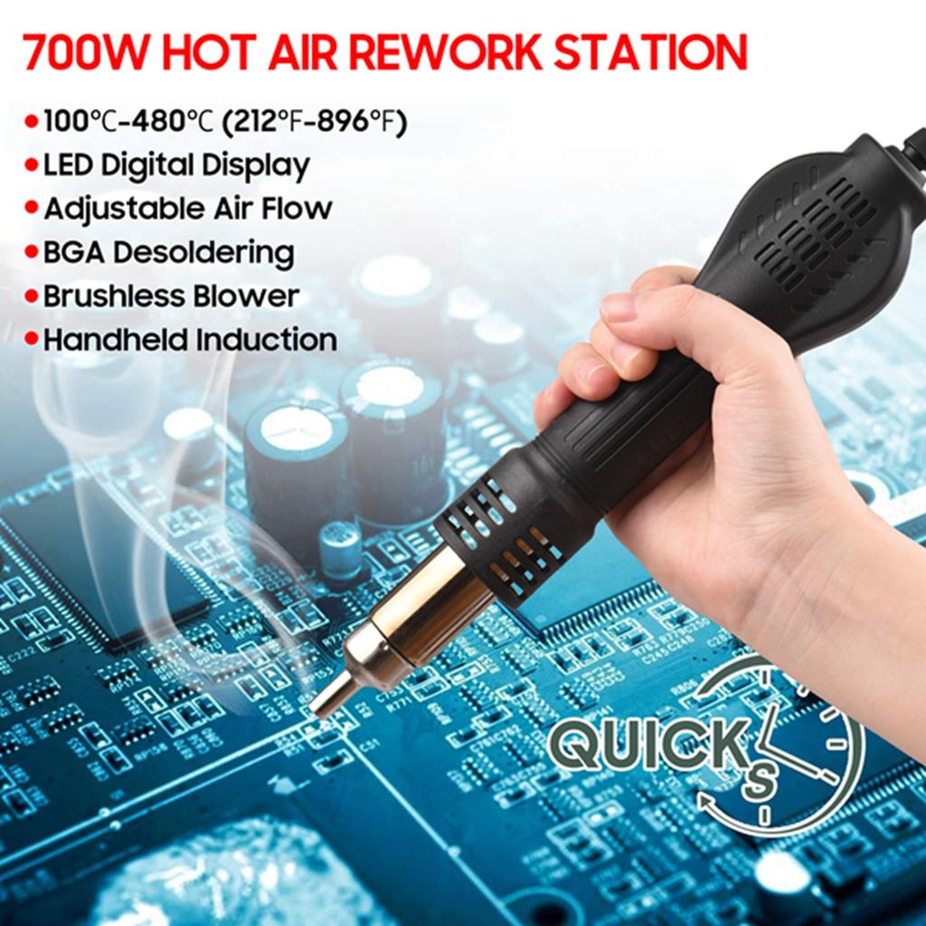 Brushless Hot Air Rework Station LED Digital 100℃-480℃ (212℉-896℉) Adjustable Air 700W Portable Electric Desoldering Gun