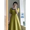 Summer 2024 French Square Collar Fairy Dress: Elegant Lace-Up, Slimming Color Block Design for Women
