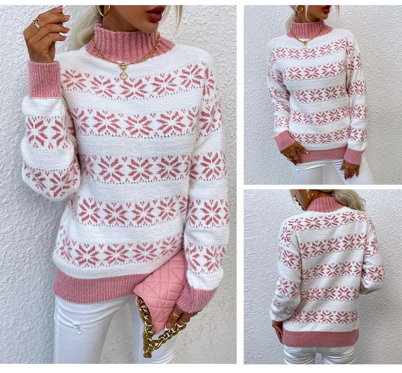 ZIMOXUAN Новый зимний вязаный свитер для женщин, полуводолазка, рождественский пуловер со снежинками