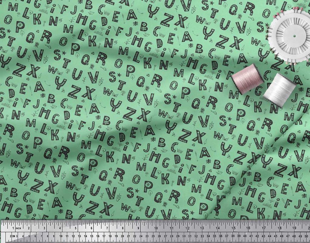 Soimoi Green Poly Crepe Fabric Alphabet Text Decor Fabric Printed Metre 42 Inch