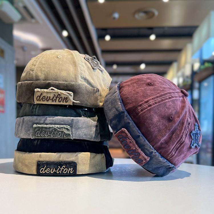 Ретро-вымытые джинсовые кепки без козырька для мужчин Streetwear Хип-хоп шляпы Шапки-бини с вышивкой букв и звезд, Дальнобойные кепки, Регулируемые купольные шляпы