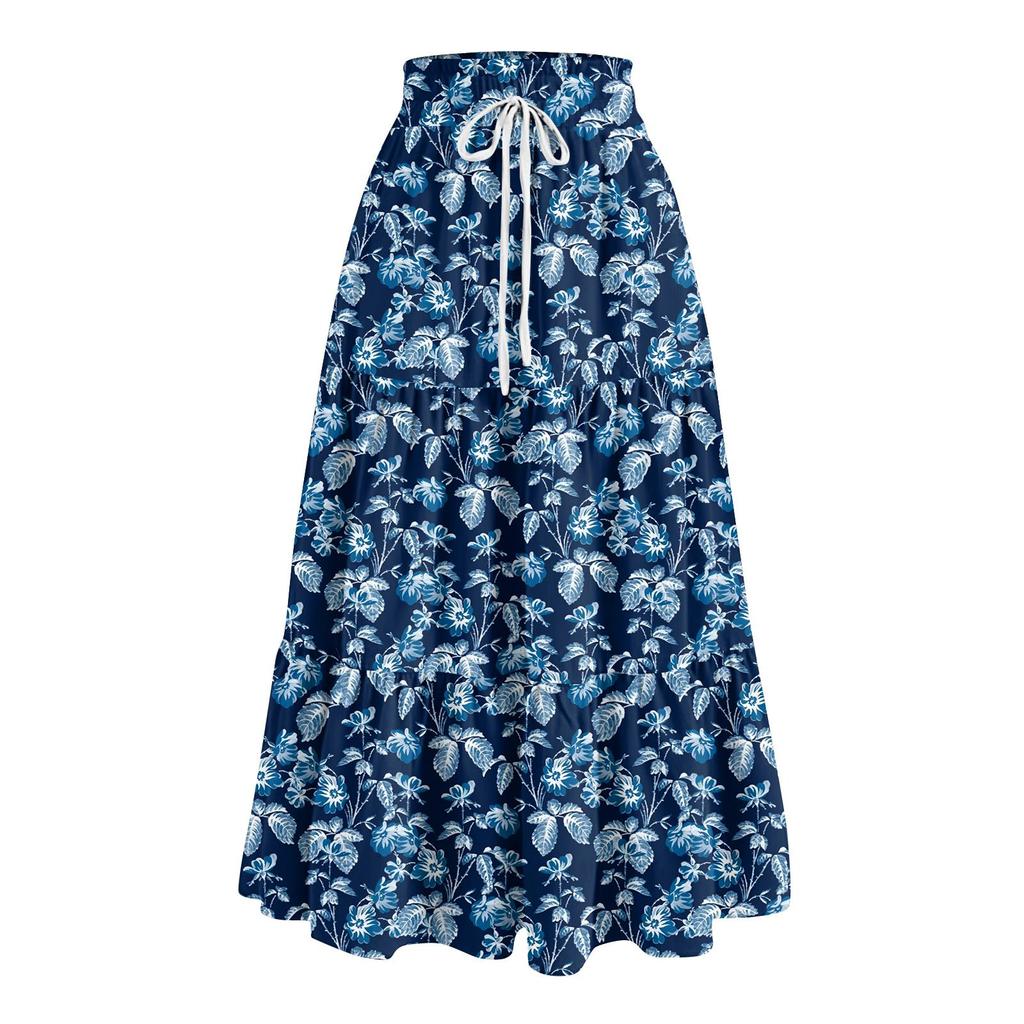Women's Ruffled Spring Casual Long Skirt Plain Color Skirt Retro Pleated Skirt
