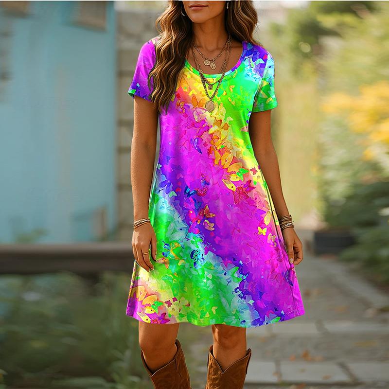 Women's Fashion Graceful Retro Colorful Print Summer Spring Short Sleeve O-Neck Casual Dresses