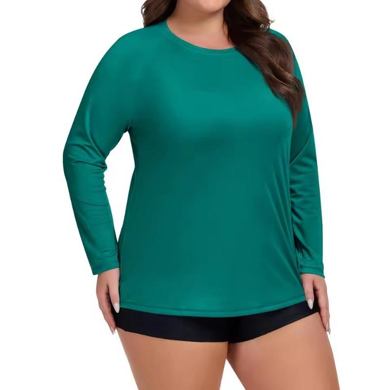 Plus Size Sport Sunscreen Top Women Summer Sunscreen Quick-drying Long-sleeved 3D T-shirt Round Neck Solid Color Breathable Tee