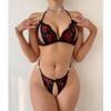 Lip Print Halter Lace Contrast Exotic Set For Women Open Chest Bra And Thongs Sets Crotchless Underwear Cute Sexy Lingerie