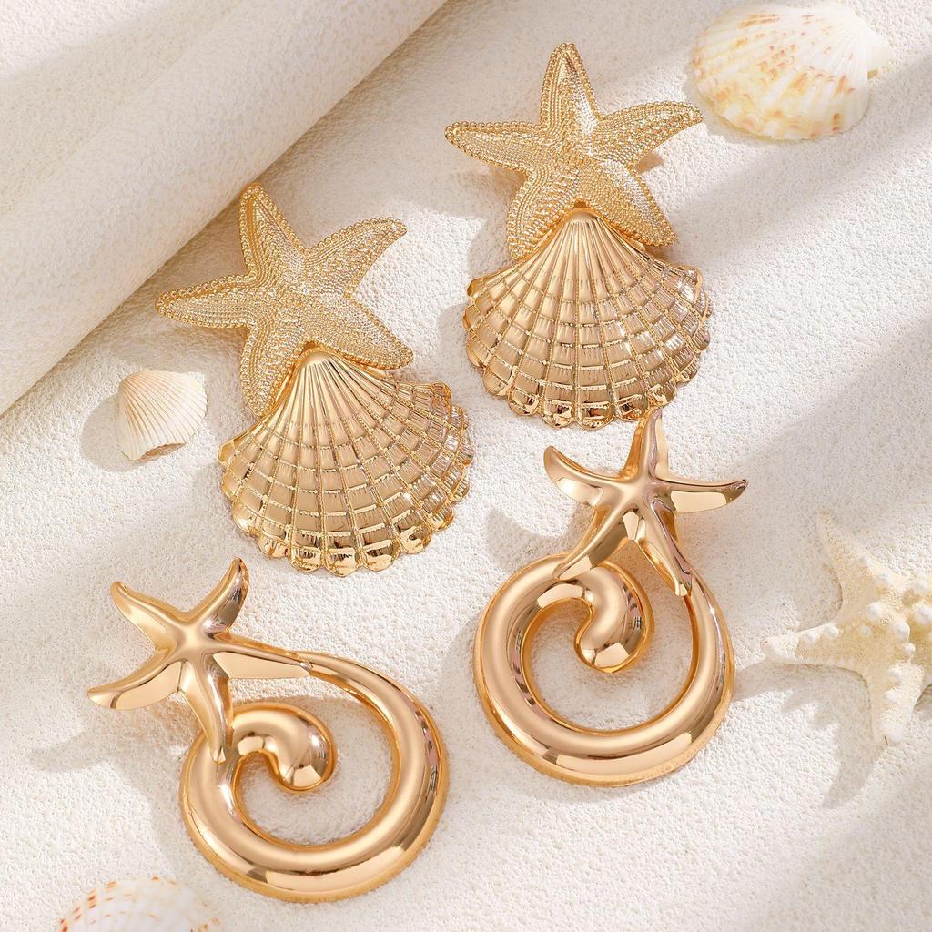 Bohemian Ocean Beach Vacation Style Exaggerated Starfish Shell Texture Earrings For Women