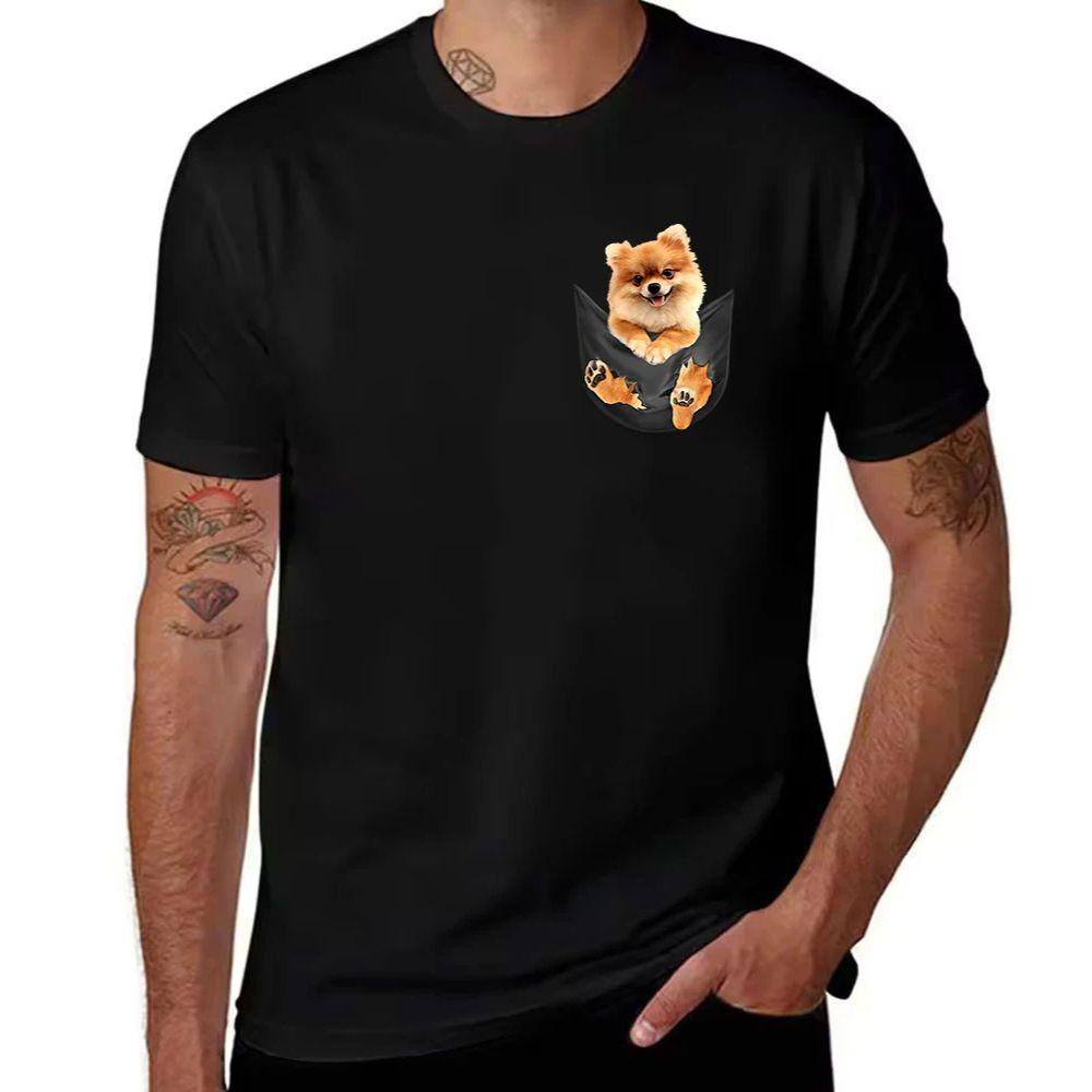 Unisexs Cotton Tshirt Cute Pomeranian In Pocket Print Casual Short Sleeve Crew Neck Tee For Dog Lovers Daily Wear