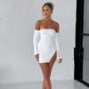 Новая мода с открытыми плечами сексуальное платье женское с длинным рукавом приталенное вечернее повседневное платье женское короткое платье с разрезом на бедрах 24143