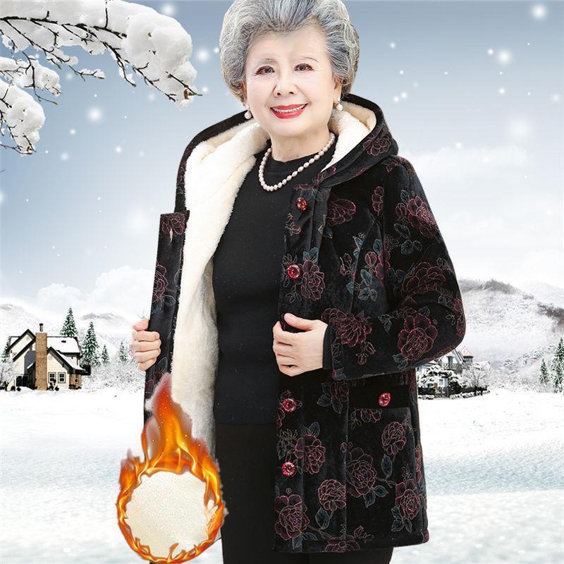 Women Winter Jackets  Middle-Aged Elderly Grandma Cotton Padded Parkas Thicken Warm Hooded Gold Velvet Outewear Female 5XL