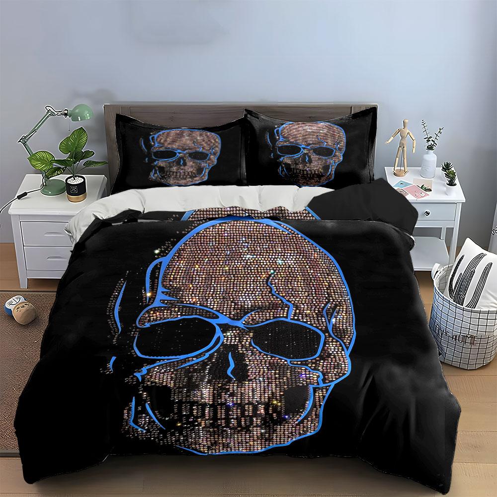 Edgy Gothic Bedding Set,Striking Illustration of Sparkling Rhinestone Skull with Blue Outline Print Duvet Cover,Bedroom Decor