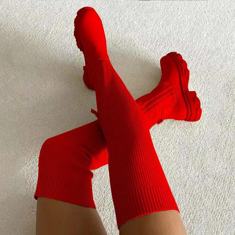 Женские ботинки, новинка 2023 года, вязаная женская обувь, женские теплые пикантные гольфы с длинными рукавами на молнии, модные зимние сапоги