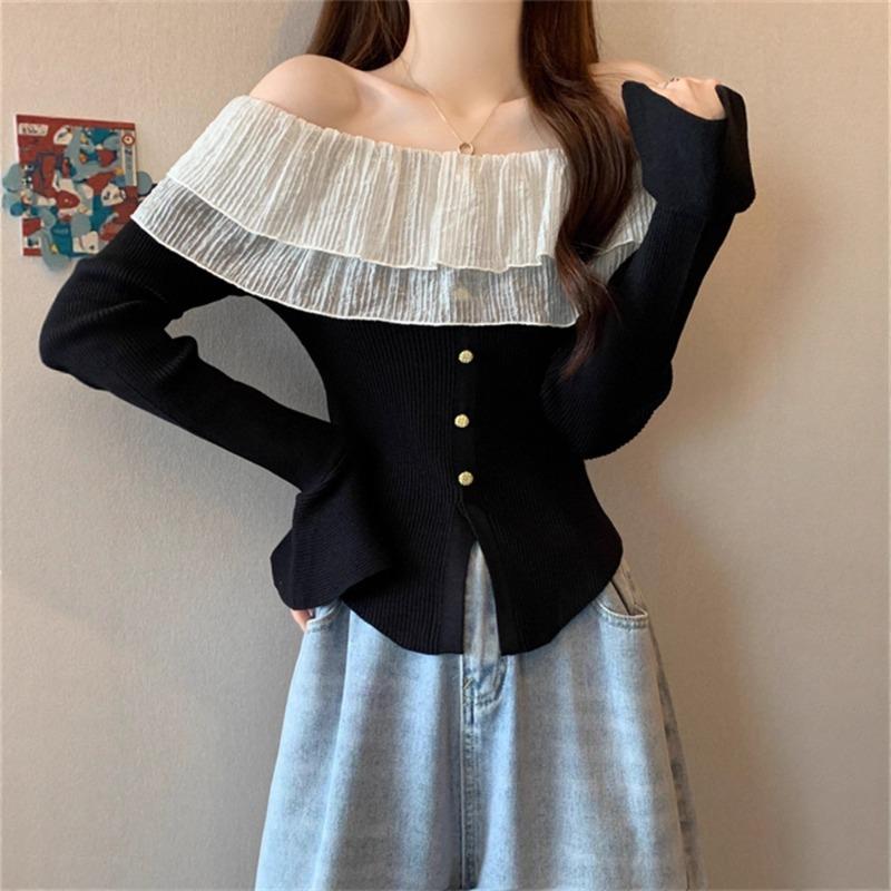 Lotus Leaf Edge One-word Shoulder Horn Sleeve Black T-shirt Women's Early Autumn Temperament Thin Design Short Top