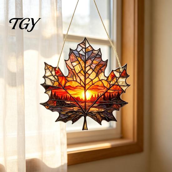 Maple Leaf Inspired Decor Acrylic Hanging Decoration, Stained Glass Effect Autumn Indoor Window Art Suncatcher, Wall Ornament for Living Room Bedroom