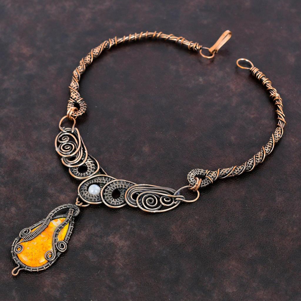 Bumble Bee Jasper Necklace Copper Wire Wrapped Necklace Rainbow Moonstone Necklace Handmade Gemstone Necklace Copper Jewelry Engagement Gift