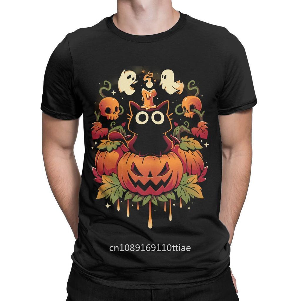 Novelty HALLOWEEN TRICK Black Cat T-Shirts Men Crewneck 100% Cotton T Shirts Cute Ghost Pumpkin Short Sleeve Tees Party Clothing