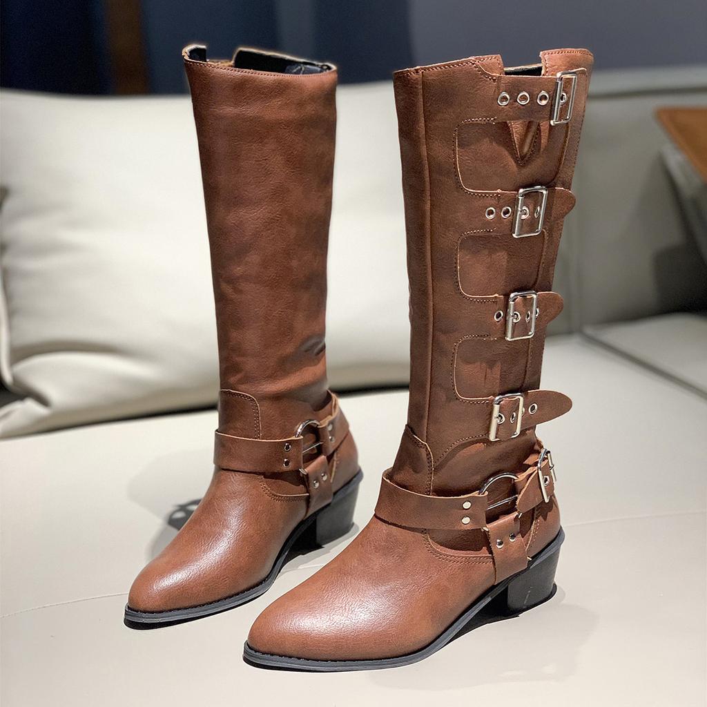 Fashion Fashion Buckle Knee High Boots for Women Winter Square Heels Western Long Boots Woman Black Pu Leather Punk Gothic Booties