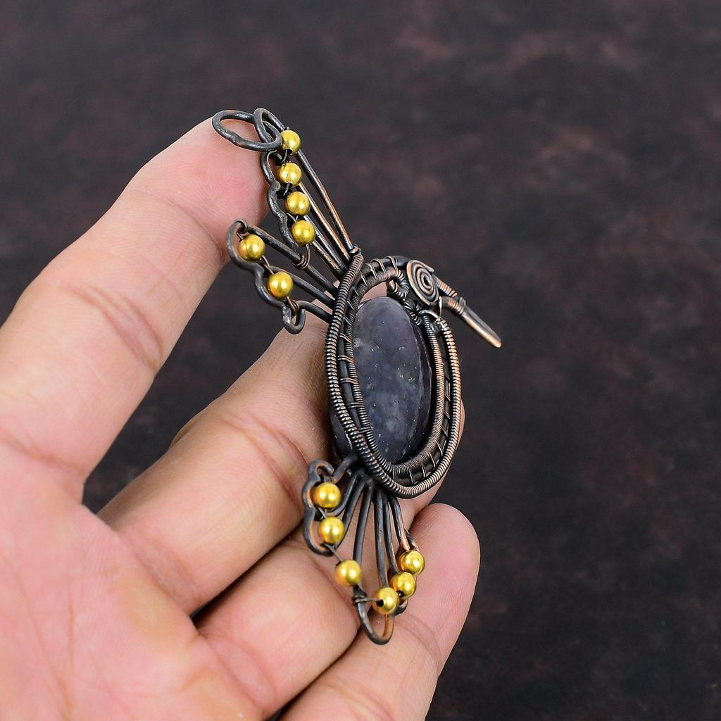 Кулон с солнечным камнем иолита, медная проволока, кулон, кулон с драгоценным камнем, удивительные медные украшения, новый кулон ручной работы, кулон с птицей для подарка