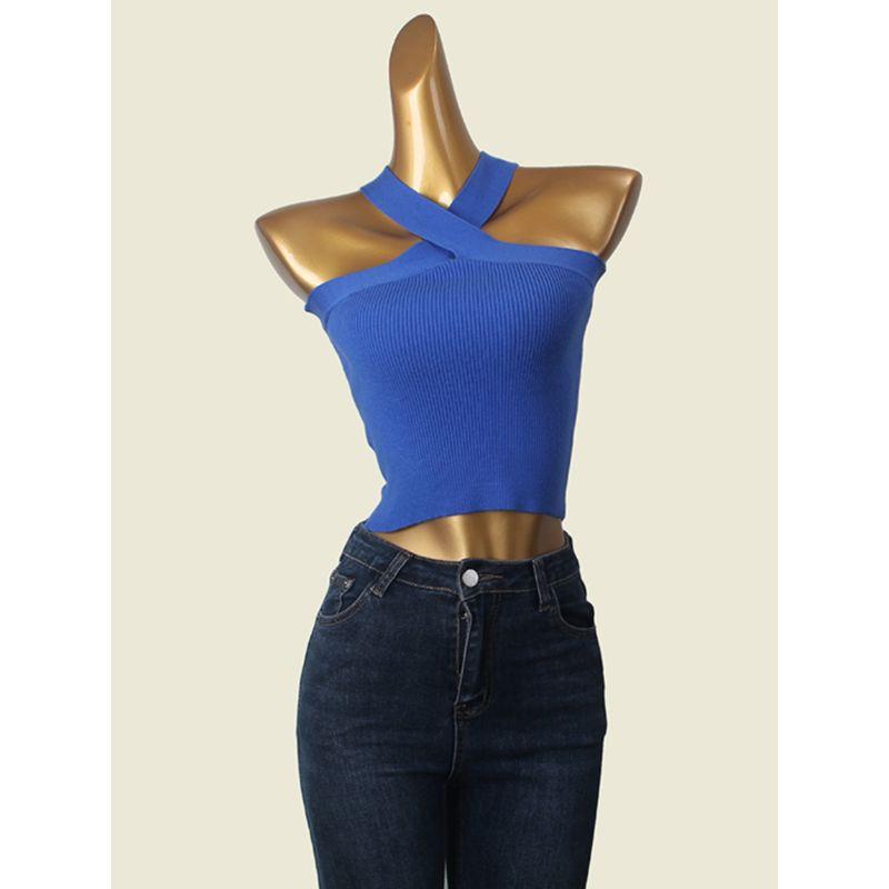 European and American Fashion Short Cami Classic Women Clothes Hanging Neck off-Shoulder Cross Elastic Texture Knit