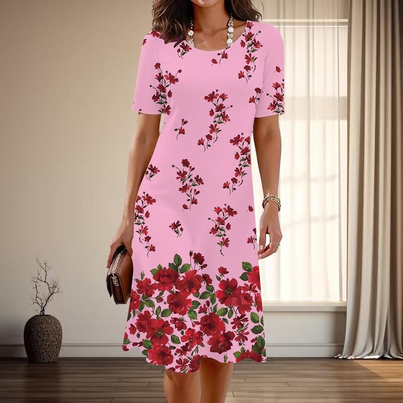Women's Fashion Graceful Flower Print Summer Spring Short Sleeve O-Neck Casual Dresses