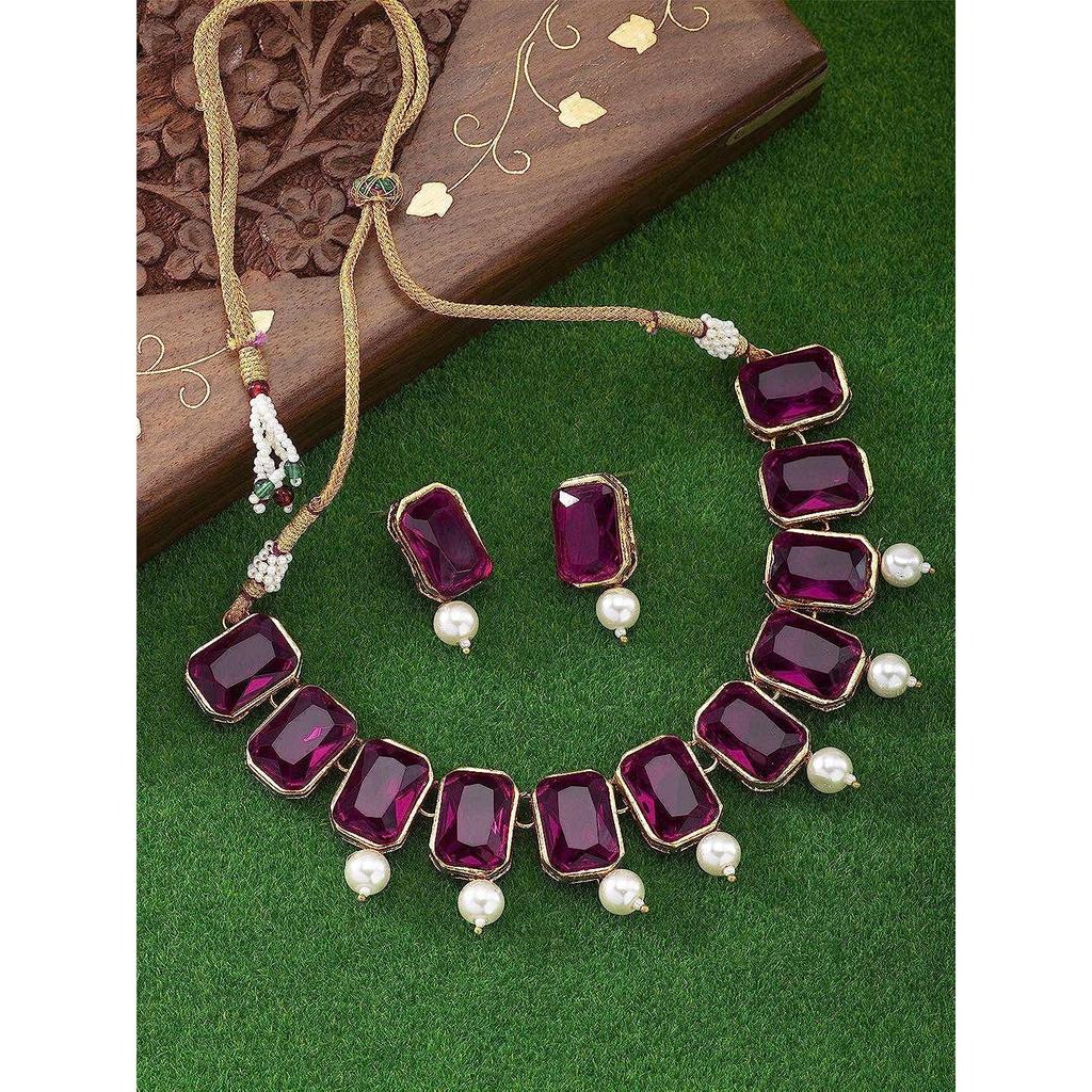 Peora Traditional Jewellery Crystal Pearl Necklace Earring Jewellery Set for Women