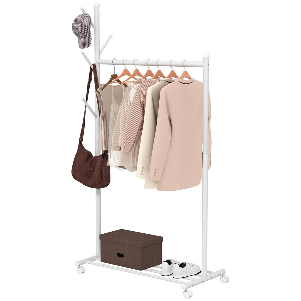 Freestanding Coat Rack with Wheels, 5 Hooks and Shoe Shelf, Metal, 9kg Capacity, White