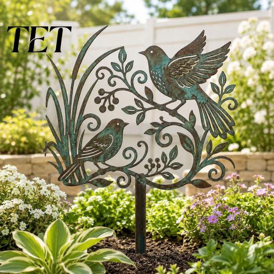 Unique Garden Accent Metal Bird Stake, Weather Resistant Iron Yard Art Ornament, Rust Proof Lawn Decoration Retro Patina Finish Sign for Outdoor Decor